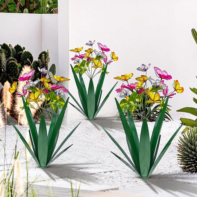 Garden Outdoor Butterfly Enlarge Thickened Wind Resistant Metal Agave Garden Art Metal Plant Country Sculpture Statue Decorations Ornaments Artificial Waterproof Butterflies(Green 3pcs)