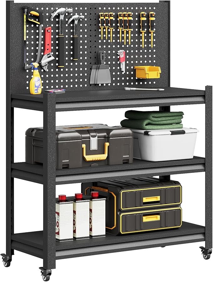 Workbench with Pegboard, Adjustable Heavy Duty Work Table with Wheels, Heavy Duty Workstation, Metal Tool Work Bench for Garage Warehouse Workshop, 48" H x 18" D x 34" W, Black