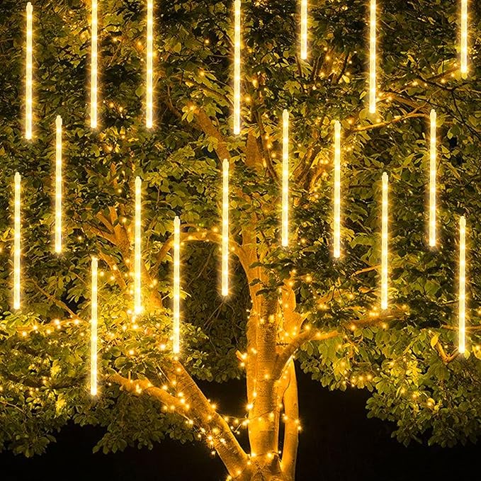 TW SHINE Christmas Meteor Shower Lights Outdoor, 288 LED 12" 8 Tubes Waterproof Christmas Lights Outdoor Plug in, Snow Falling Rain Icicle Xmas Lights Decorations, Warm White