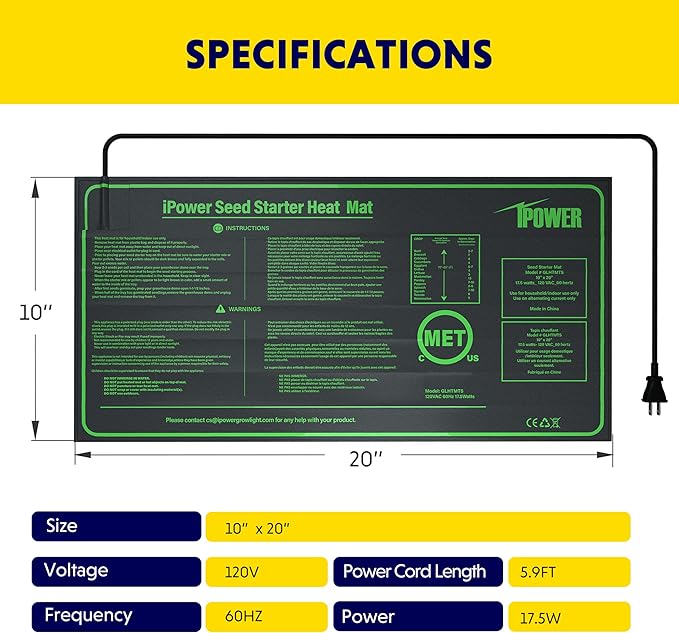 iPower Durable Seedling Heat Mat Warm 10" x 20" Hydroponic Heating Pad Waterproof for Seed Starting Greenhouse and Germination