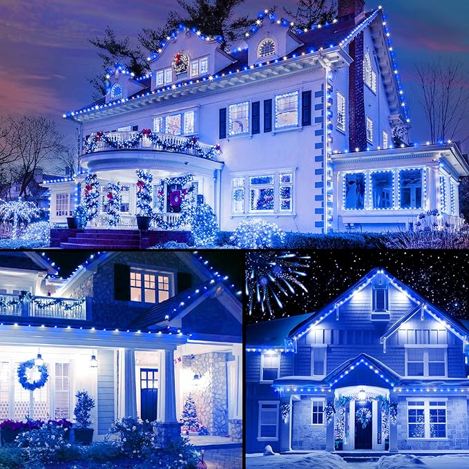 Brightown C9 LED Christmas String Lights, 66ft 100 LED Waterproof Strawberry String Lights, Plug-in Extendable Green Wire Lights String for Outdoor Outside Patio Party Decoration, Blue and White