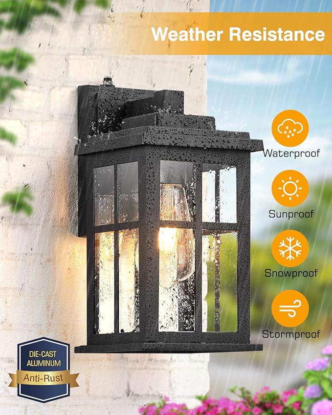 Outdoor Wall Lights Dusk to Dawn, Black Lights for House, Waterproof Exterior Lighting Fixtures, Outdoor Light Fixture with Tempered Glass for House, Porch, Garage, Doorway