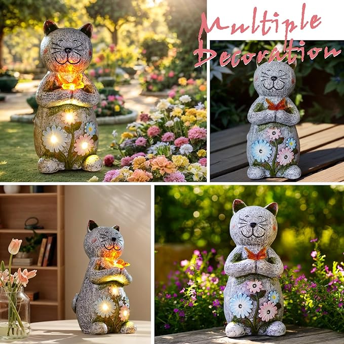 Solar Retro Cat Statue Outdoor - Resin Garden Outside Decorations with Butterfly for Patio,Balcony,Yard,Birthday Gardening Gifts for Women Mom