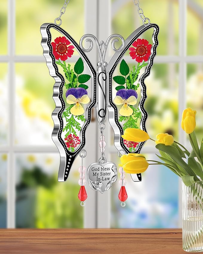 KY&BOSAM Gifts for Women God Bless My Sister in-Law Butterfly Suncatcher Sister Gifts Pressed Flower Between Wings Glass Silver Metal Charm Birthday Mother's Day Thanksgiving Christmas