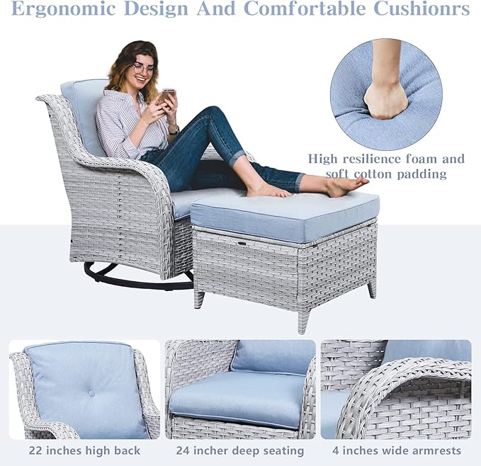Wicker Outdoor Furniture Patio Furniture Set - 6 Piece Patio Conversation Set with Swivel Rocker Chairs, Rattan Sofa, Ottomans and Coffee Table, Baby Blue Cushion