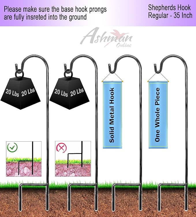 Ashman Shepherd's Hooks 35 Inch (48 Per Pack), Black, Made of Premium Metal for Hanging Solar Lights, Bird Feeders, Mason Jars, Christmas Lights, Lanterns, Garden Stakes and Wedding Décor.