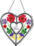 KY&BOSAM Heart Suncatcher Sister Stained Glass Panels Hangings for Windows Sun Catchers with Pressed Real Flower Heart in Glass Birthday Gifts for Women Mothers Day Home Garden Christmas Ornament