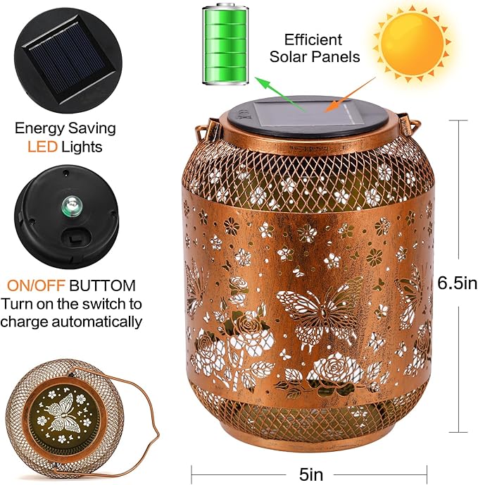 2 Pack Butterfly Solar Lanterns Outdoor Waterproof Rose Garden Decor Gifts for Women Mom Grandma Hanging Solar Lights Metal Lantern Decoration Outside for Yard, Patio, Backyard, Porch