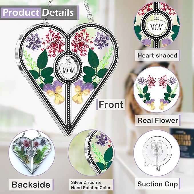 KY&BOSAM Heart Suncatcher Mom Stained Glass for Windows Hangings Wind Chimes with Pressed Flower Heart in Glass with Metal Trim Heart Charm Birthday Gifts for Women Mother`s Day Christams Home Decor