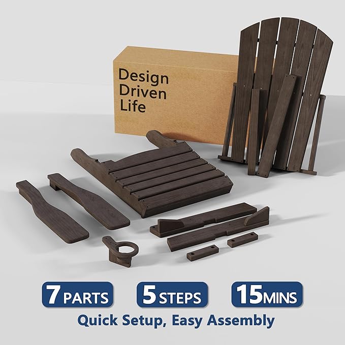 Folding Adirondack Chair Set of 3 with Cup Holder, HDPE All Weather Resistant Plastic Outdoor Patio Chairs, Heavy Duty Fire Pit Seating for Backyard Lawn Garden, Wooden Textured Design(Coffee)