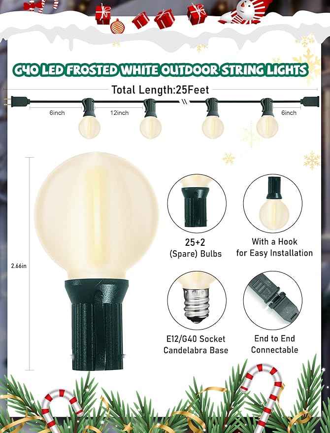 25ft Outdoor Christmas LED String Lights,G40 Frosted White Globe Lights with 27pcs Plastic Bulbs,Round Bulb Christmas Lights for Indoor/Outdoor Wedding Backyard Cafe Garden Christmas Decor