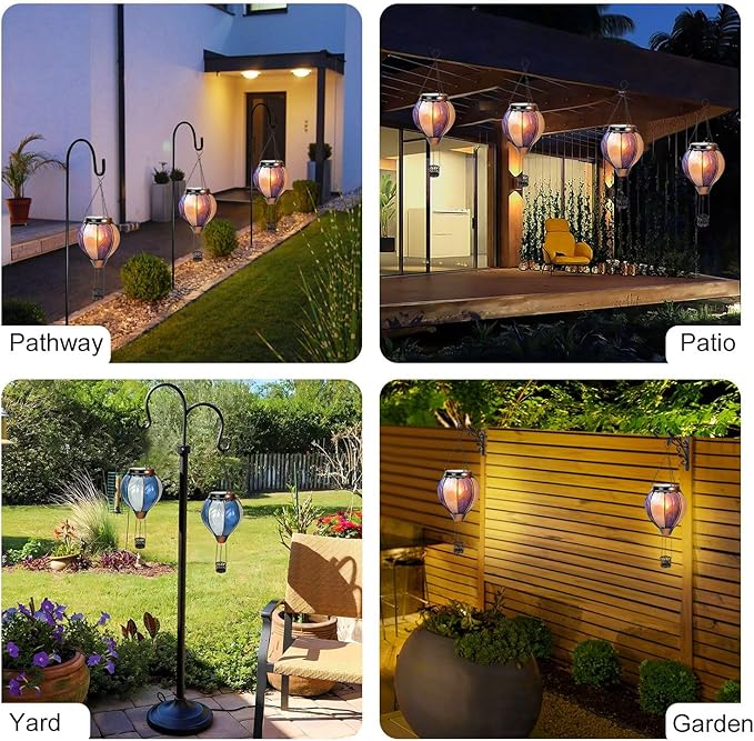 pearlstar Hot Air Balloon Solar Lantern with Flickering Flame Light Outdoor Solar Hanging Lights Waterproof for Garden Yard Farmhouse Outside Decoration,Stained Glass Blue and White