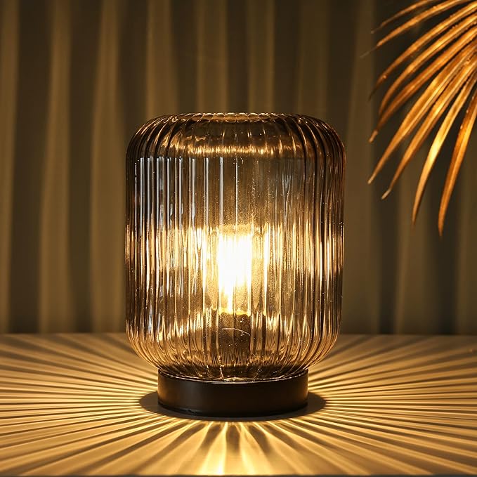 Battery Operated Lamp, Cordless Table Lamps for Home Decor, Battery Powered Nightlight with LED Bulb, Decorative Glass Beside Lamp for Bedroom Living Room-Grey