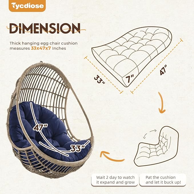 Egg Chair Cushion Replacement, Waterproof Outdoor Hanging Egg Swing Chair Cushions Pads, U-Shaped Thickened Cushions for Hanging Eggs Chair with Ties, 47x33x7 Inches (Blue)