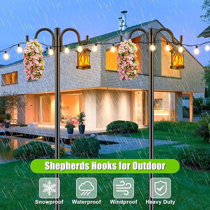 Gtongoko Double Shepherds Hook for Outdoor, 108 Inch Heavy Duty Bird Feeder Pole 3/4 Inch Thick Garden Hooks for Hanging Hummingbird Feeder, Plant Baskets, Solar Light Lanterns, 1 Pack