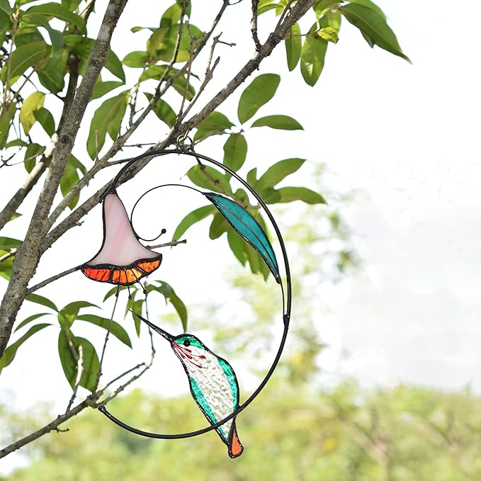Lolitarcrafts Hummingbird with Flower Stained Glass Suncatcher Bird Stained Glass Window Hangings Hummingbird Gift for Home Decor (Green)
