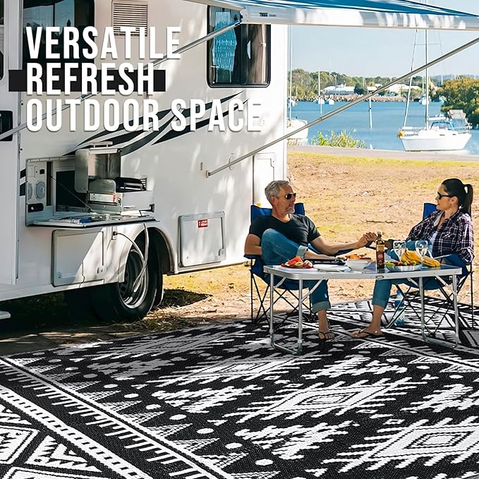 OLANLY Outdoor Rug Waterproof 9x12 ft, Reversible Outdoor Plastic Straw Rug, Boho Patio Rug, Indoor Outdoor Carpet, RV Mat Outside for Patio, Camp, Picnic, Balcony, Deck, Backyard, Black & White