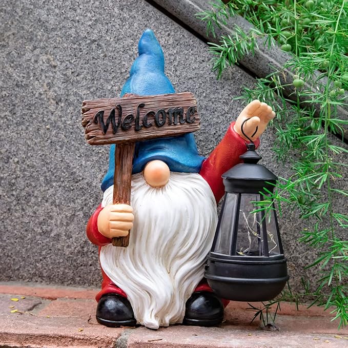 Garden Gnome Outdoor Decoration Solar Gnomes Statue with Lantern LED Lights,Terrace Courtyard Lawn Patio Porch Decoration Christmas Housewarming Gift for Woman Mom, Gnome Blue
