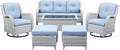 Wicker Outdoor Furniture Patio Furniture Set - 6 Piece Patio Conversation Set with Swivel Rocker Chairs, Rattan Sofa, Ottomans and Coffee Table, Baby Blue Cushion