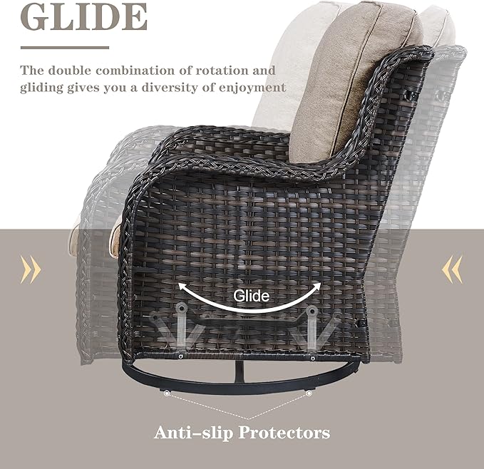 Outdoor Patio Furniture Set with Propane Fire Pit Table, 7 Pieces Wicker Patio Conversation Set with 2 Swivel Glider Rocker Chair Rattan Sofa Grey Cushion Perfect for Casual Gathering