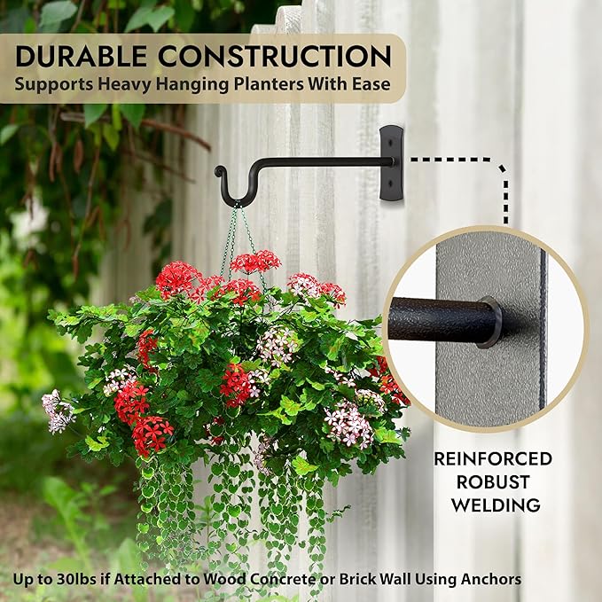 RTZEN Plant Hangers Outdoor or Indoor - Wrought Iron Metal Hanger Indoor Hook - Heavy Duty Wall Bracket Hooks for Hanging Plants Baskets Lanterns Wind Chimes - 2 Pack (Black Shepherds Hooks)