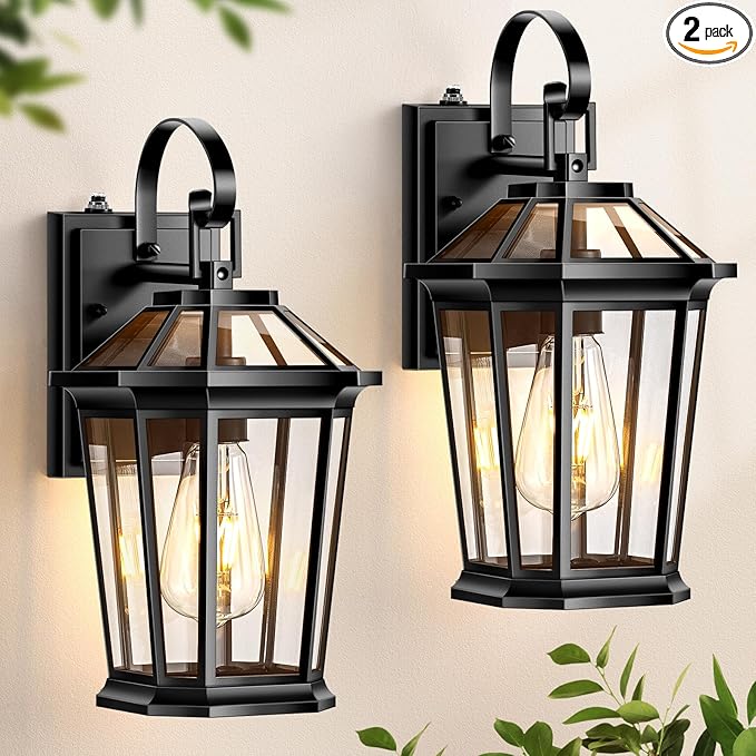 VIANIS Dusk to Dawn Outdoor Wall Lighting, Exterior Light Fixture Wall Mount for House Front Porch Light, Black Anti-Rust Aluminium Modern Outside Coach Lantern with Tempered Glass Shade for Garage