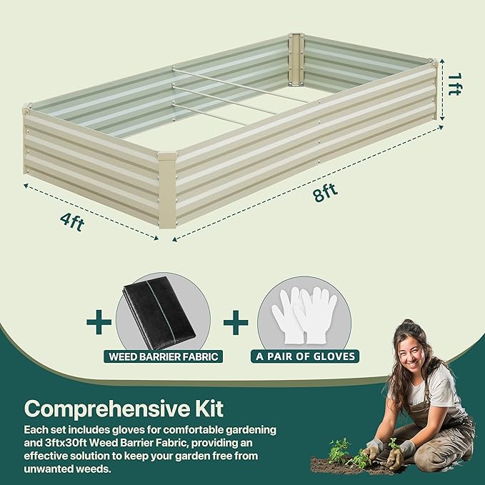 Raised Garden Bed Outdoor, 8x4x1ft Garden Box, Beige Garden bed, Metal Raised Garden Bed for Gardening Vegetables Flowers, Planter Box, Raised Bed
