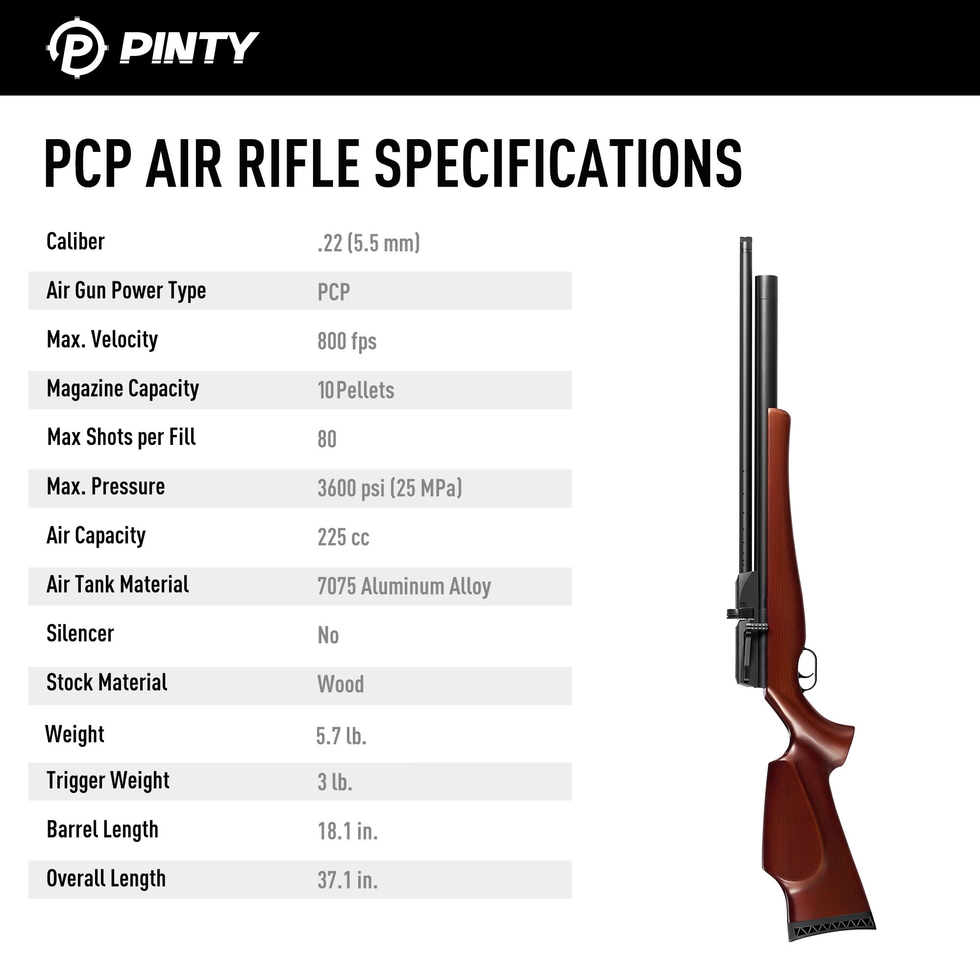 Pinty Timber - 10 Pellet .22Cal PCP Pellet Gun Air Rifle High Power Airgun for Hunting