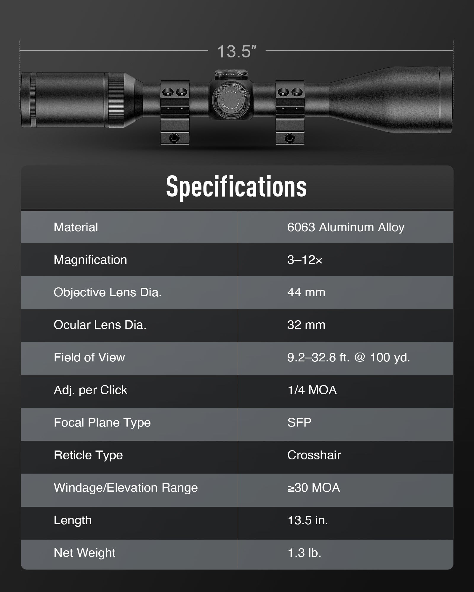 3-12x44 Rifle SFP Optical Scope with R-02 Crosshair Reticle