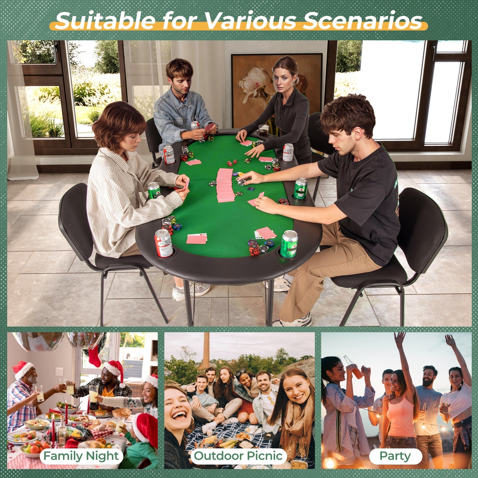 8 Players Texas Holdem Foldable Poker Table-Green