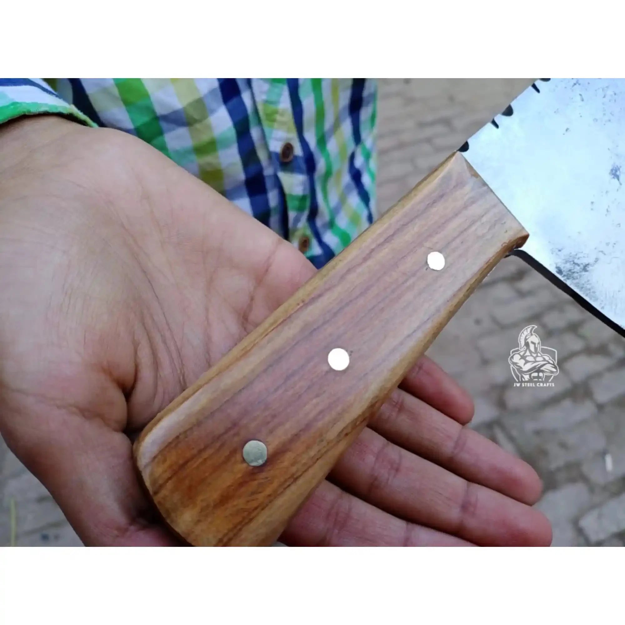 9-Inch Kitchen Cleaver — Dull-Polished Blade with Filework Spine, Natural Wood Handle (14-Inch Overall, Full Tang, Hand-Forged)
