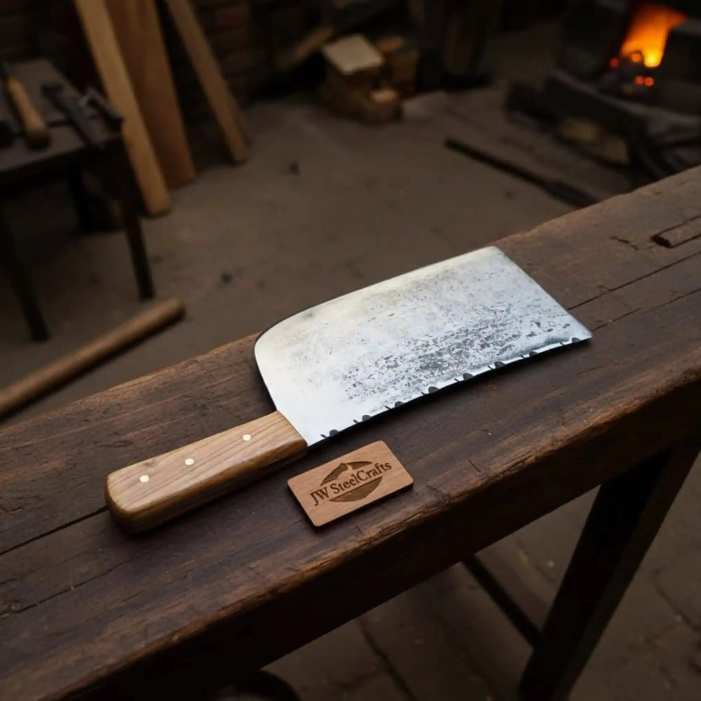 9-Inch Kitchen Cleaver — Dull-Polished Blade with Filework Spine, Natural Wood Handle (14-Inch Overall, Full Tang, Hand-Forged)
