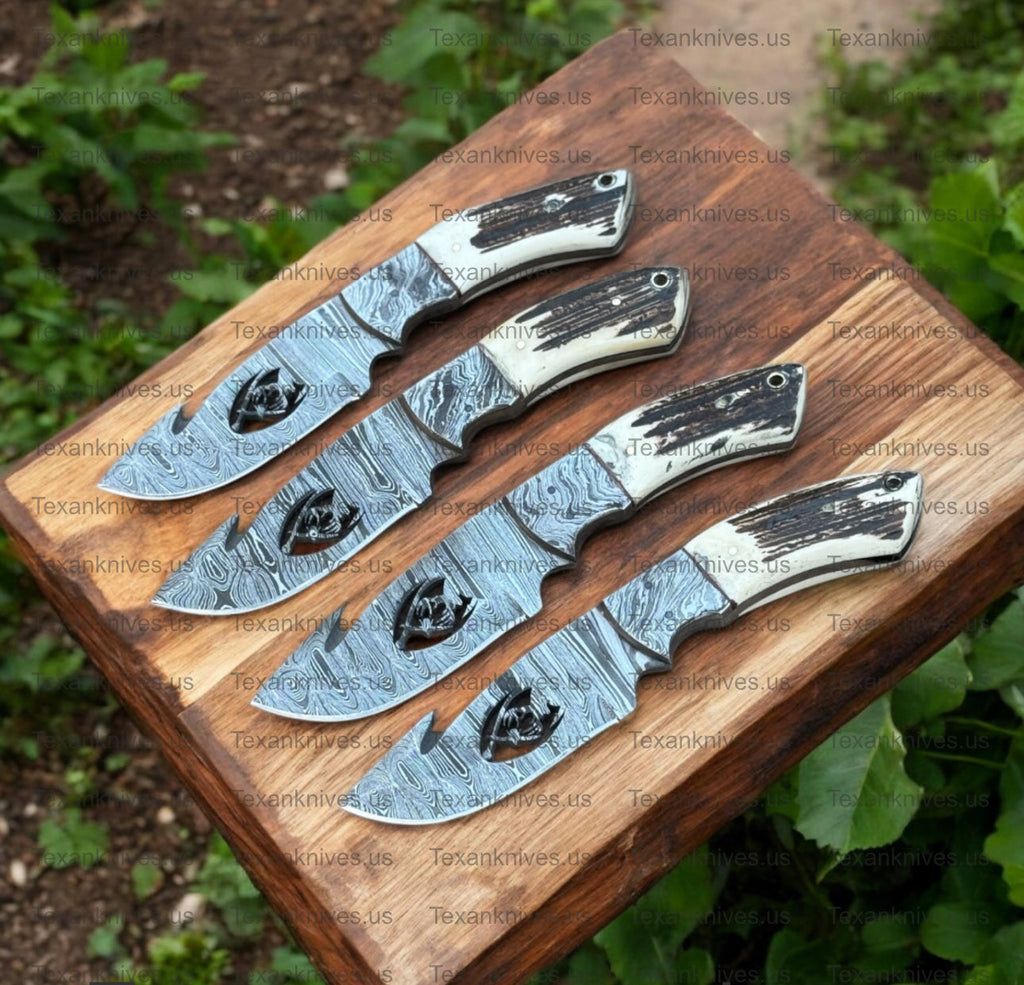 Custom Handmade Guthook Hunter Knife | Damascus Steel & Stag Horn Handle