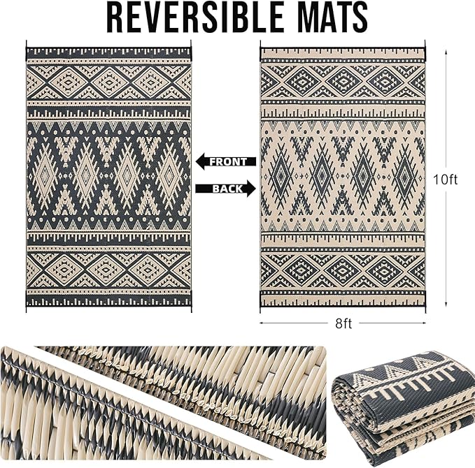 OLANLY Outdoor Rug Waterproof 8x10 ft, Reversible Outdoor Plastic Straw Rug, Boho Patio Rug, Indoor Outdoor Carpet, RV Mat Outside for Patio, Camp, Picnic, Balcony, Deck, Backyard, Black & Beige