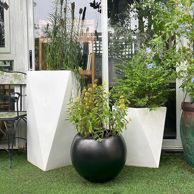 13.5 H x 17" Dia (12" Pot Opening) Round Fiberstone Planter with Drainage Hole, Black, Indoor/Outdoor Large Plant Pot for Home Patio Garden, Ideal for Large Plants