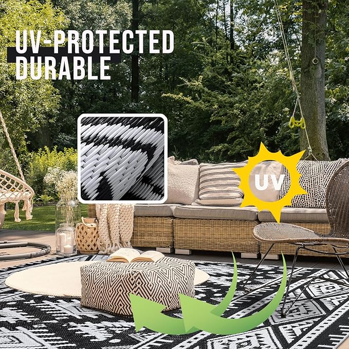 OLANLY Outdoor Rug Waterproof 5x8 ft, Reversible Outdoor Plastic Straw Rug, Boho Patio Rug, Indoor Outdoor Carpet, RV Mat Outside for Patio, Camp, Picnic, Balcony, Deck, Backyard, Black & White