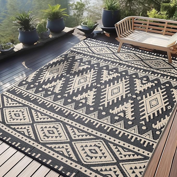 OLANLY Outdoor Rug Waterproof 8x10 ft, Reversible Outdoor Plastic Straw Rug, Boho Patio Rug, Indoor Outdoor Carpet, RV Mat Outside for Patio, Camp, Picnic, Balcony, Deck, Backyard, Black & Beige