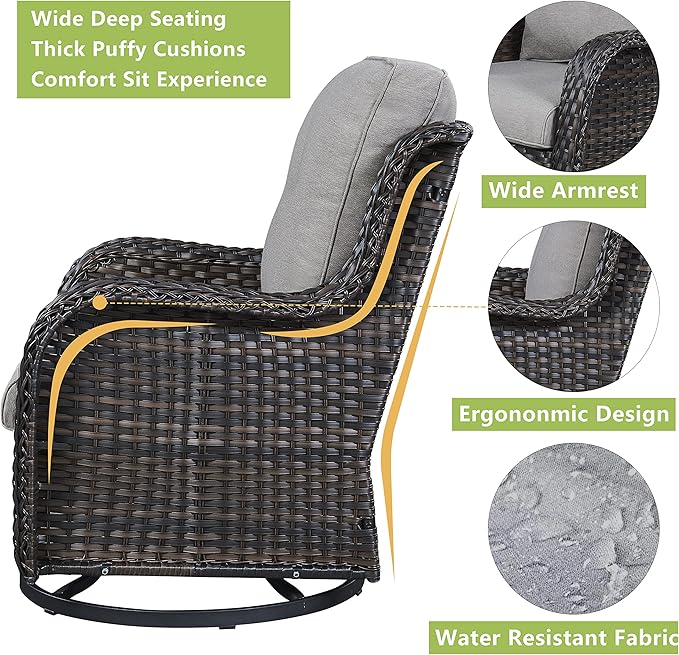 Outdoor Wicker Patio Furniture Set - 5 Piece Rattan Patio Conversation Set with 2 Rocking Swivel Chairs,2 Ottomans and 1 Loveseat for Porch Deck Backyard Garden(Brown/Grey)