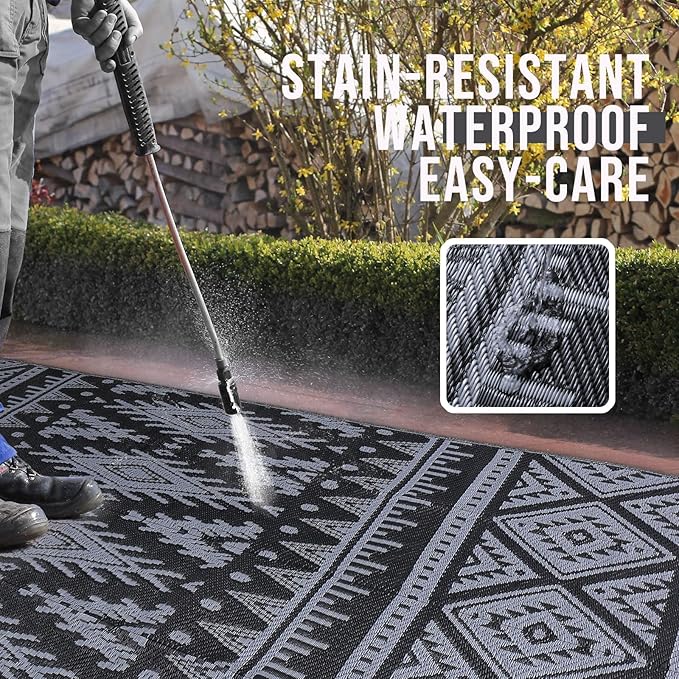 OLANLY Outdoor Rug Waterproof 8x10 ft, Reversible Outdoor Plastic Straw Rug, Boho Patio Rug, Indoor Outdoor Carpet, RV Mat Outside for Patio, Camp, Picnic, Balcony, Deck, Backyard, Black & Grey