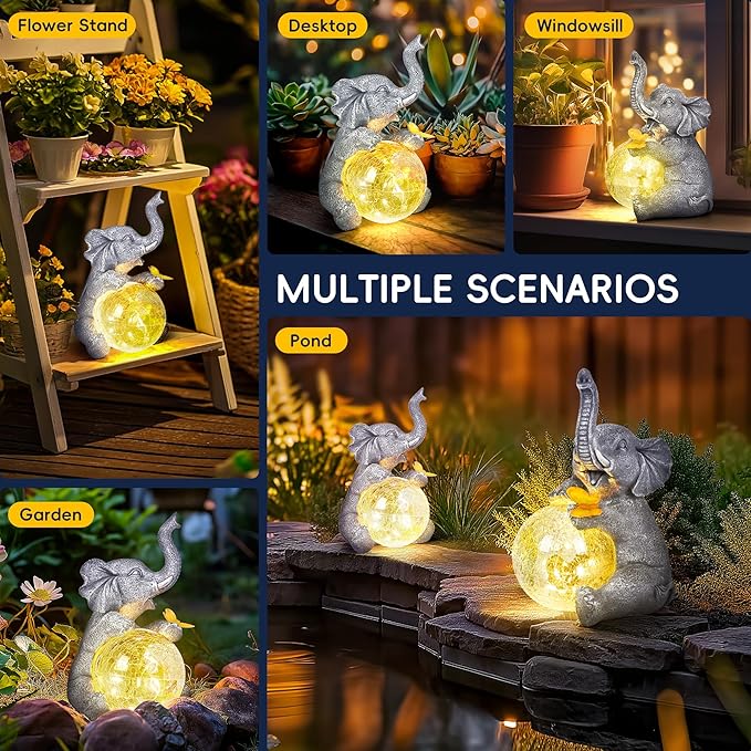 GIGALUMI Solar Garden Outdoor Statues for Women, Mom, Grandma. Glass Globe Elephant Figurine Housewarming and Birthday Gifts Elephant Statue Decor for Backyard, Patio, Balcony, Lawn, Pond
