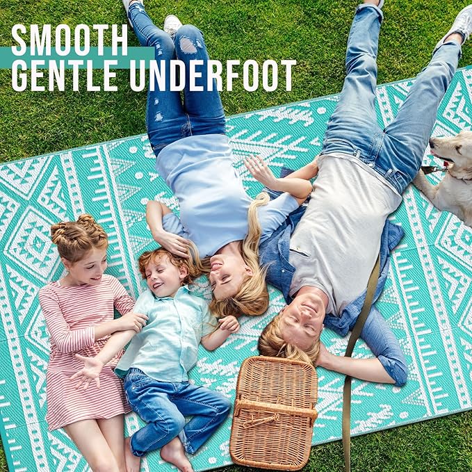 OLANLY Outdoor Rug Waterproof 8x10 ft, Reversible Outdoor Plastic Straw Rug, Boho Patio Rug, Indoor Outdoor Carpet, RV Mat Outside for Patio, Camp, Picnic, Balcony, Deck, Backyard, Turquoise & White