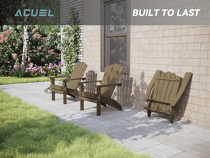 Folding HDPE Adirondack Chair, Weather-Resistant Patio Chair with Wide Armrests & High Backrest, Fire Pit Chair for Garden, Backyard, Porch - Light Brown