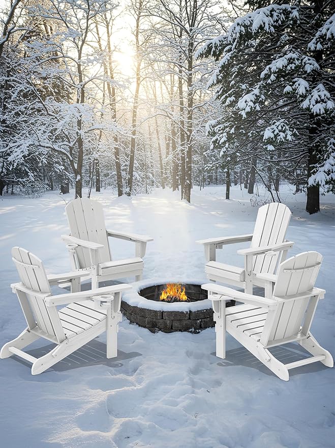 KINGYES Folding Adirondack Chair with Dual Cup Holders - HDPE All-Weather Outdoor Chairs, Wood-Like Patio Chair for Backyard, Camping, Pool & Fire Pit, White