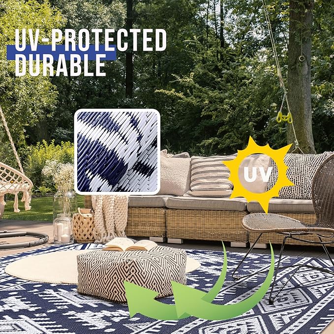 OLANLY Outdoor Rug Waterproof 4x6 ft, Reversible Outdoor Plastic Straw Rug, Boho Patio Rug, Indoor Outdoor Carpet, RV Mat Outside for Patio, Camp, Picnic, Balcony, Deck, Backyard, Navy & White