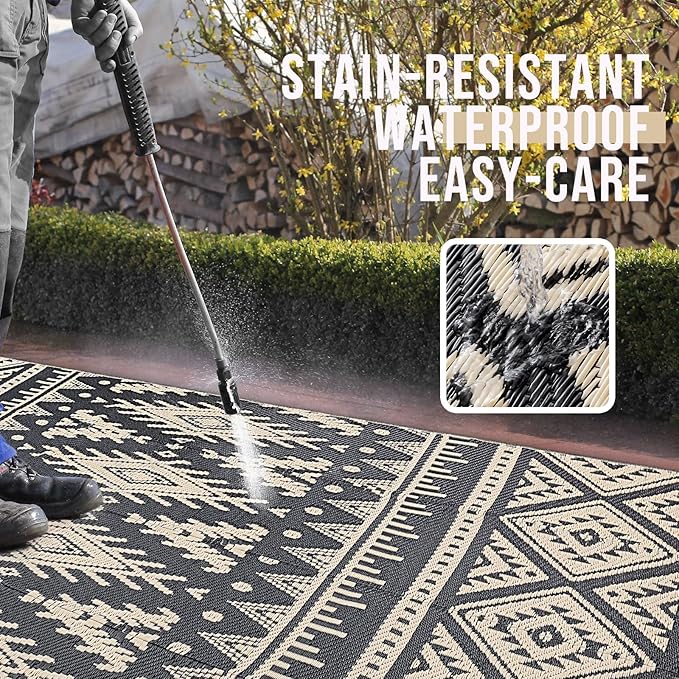 OLANLY Outdoor Rug Waterproof 9x12 ft, Reversible Outdoor Plastic Straw Rug, Boho Patio Rug, Indoor Outdoor Carpet, RV Mat Outside for Patio, Camp, Picnic, Balcony, Deck, Backyard, Black & Beige