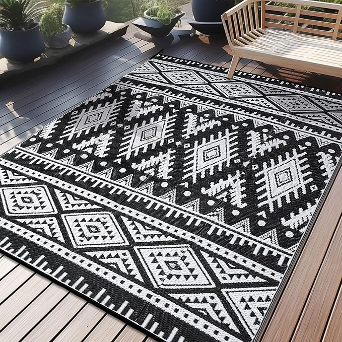 OLANLY Outdoor Rug Waterproof 6x9 ft, Reversible Outdoor Plastic Straw Rug, Boho Patio Rug, Indoor Outdoor Carpet, RV Mat Outside for Patio, Camp, Picnic, Balcony, Deck, Backyard, Black & White