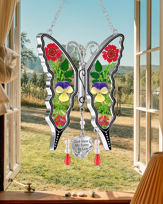 KY&BOSAM Gifts for Women God Bless My Sister in-Law Butterfly Suncatcher Sister Gifts Pressed Flower Between Wings Glass Silver Metal Charm Birthday Mother's Day Thanksgiving Christmas