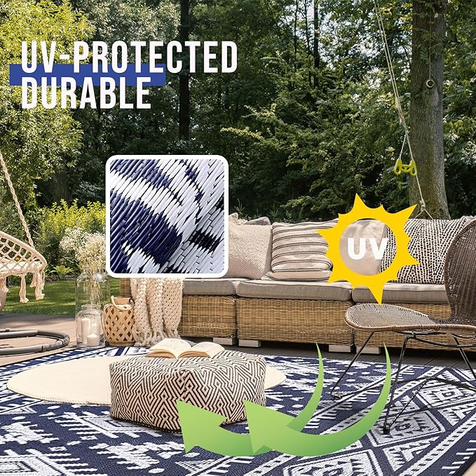 OLANLY Outdoor Rug Waterproof 8x10 ft, Reversible Outdoor Plastic Straw Rug, Boho Patio Rug, Indoor Outdoor Carpet, RV Mat Outside for Patio, Camp, Picnic, Balcony, Deck, Backyard, Navy & White