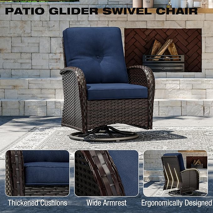 Joyside Outdoor Swivel Rocker Chairs, 3 Piece Wicker Patio Set with Thick Cushion and Side Table, Rattan Patio Swivel Rocking Chairs for Porch, Deck Use (Brown/Blue, 3 PCS)