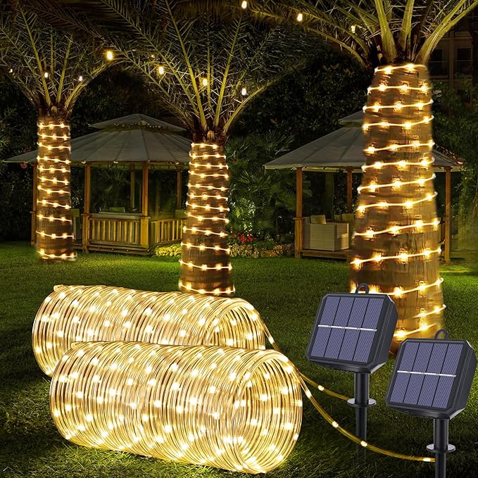 Solar Rope Lights, 2 Packs 66ft 200LED Solar String Lights, 8 Modes Waterproof Solar Powered Outdoor Lights, Flexible Clear Tube Light for Garden, Backyard, Patio, Deck, Pool,Tree Decor - Warm White
